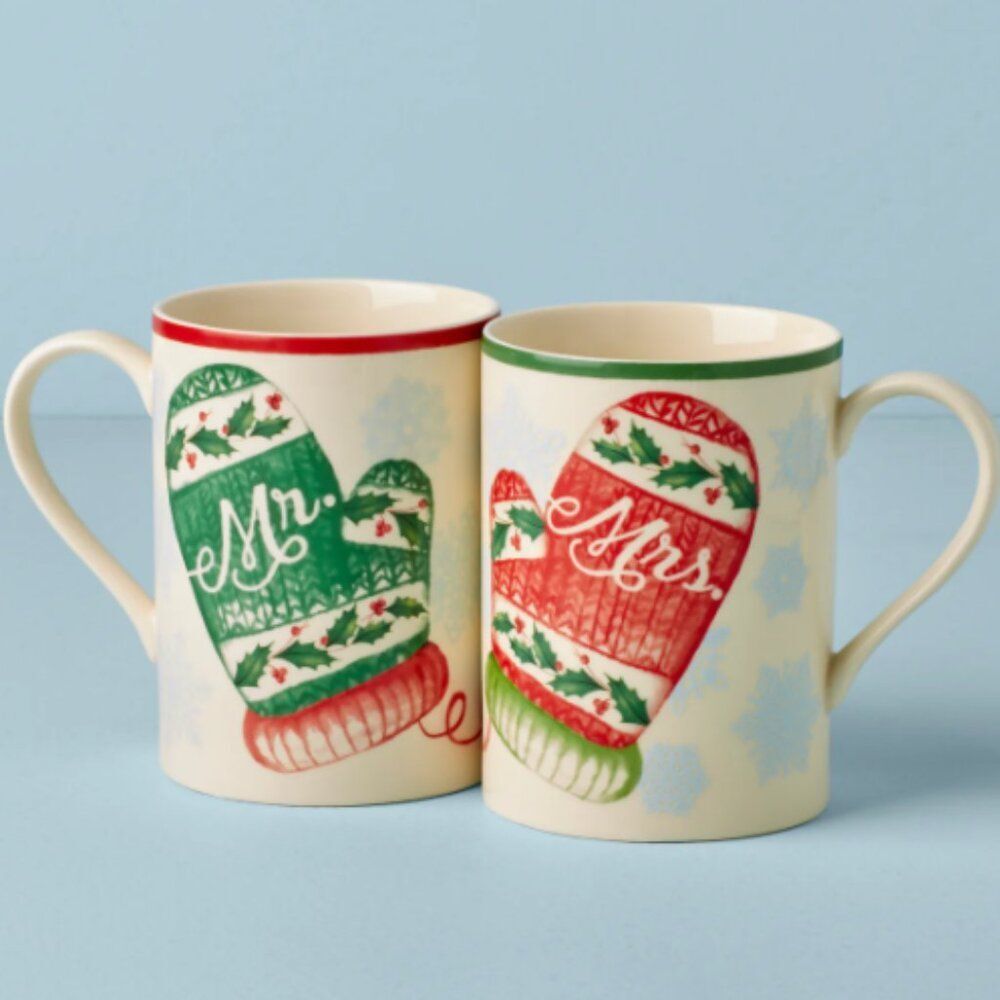 2 Sets Lenox Holiday Mr. & Mrs Graphic Porcelain Mugs